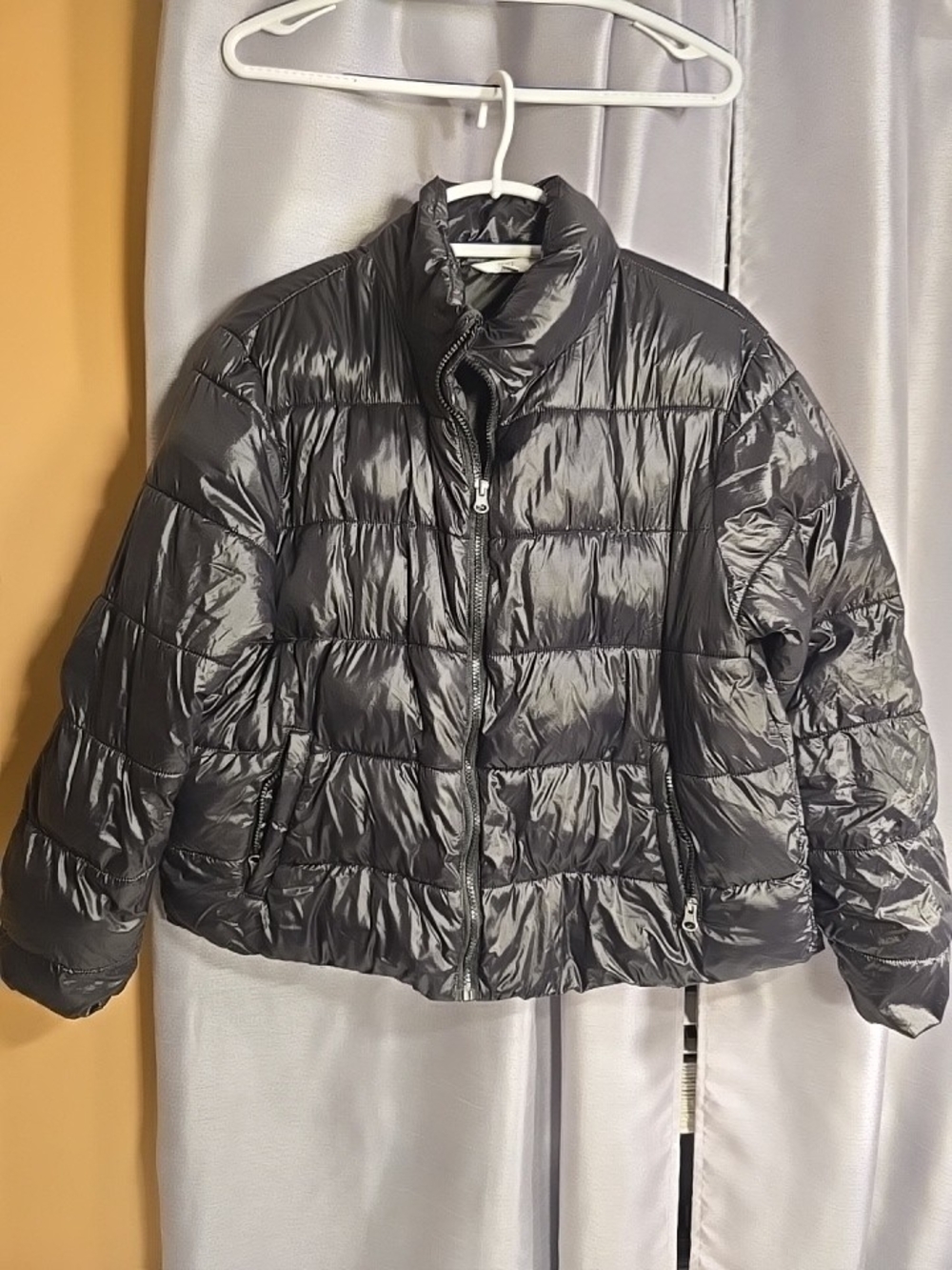 Women's Shiny Black Puffer Jacket - Lightweight Quilted Coat XL